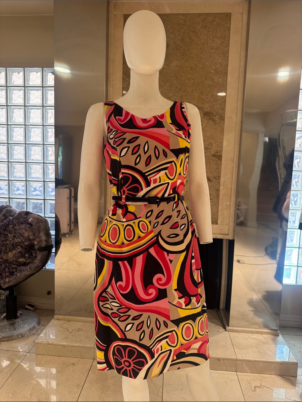 David Meister Retro Abstract Print Sheath Dress Pink Black Paisley